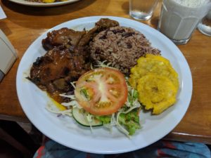 carribean food chicken rice beans platano at lydia's in puerto viejo carribean coast costa rica october 2018